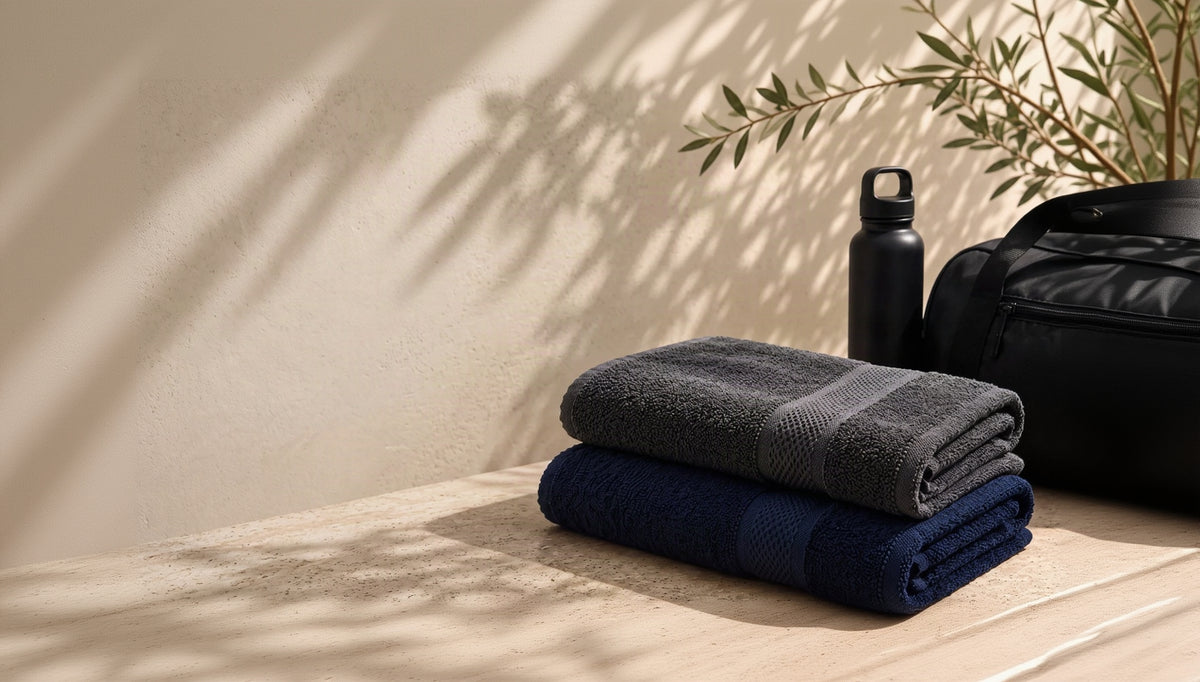Two folded towels stacked on a stone surface, with a black bottle and bag beside them against a textured beige wall with leaf shadows.